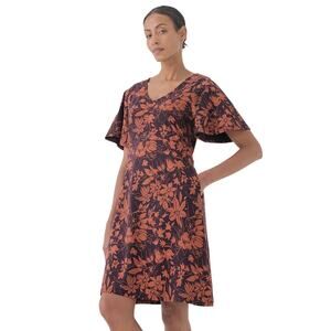 Pact Plum Botanical Floral V Neck Flutter Sleeve Fit & Flare Easy Dress Sz Large